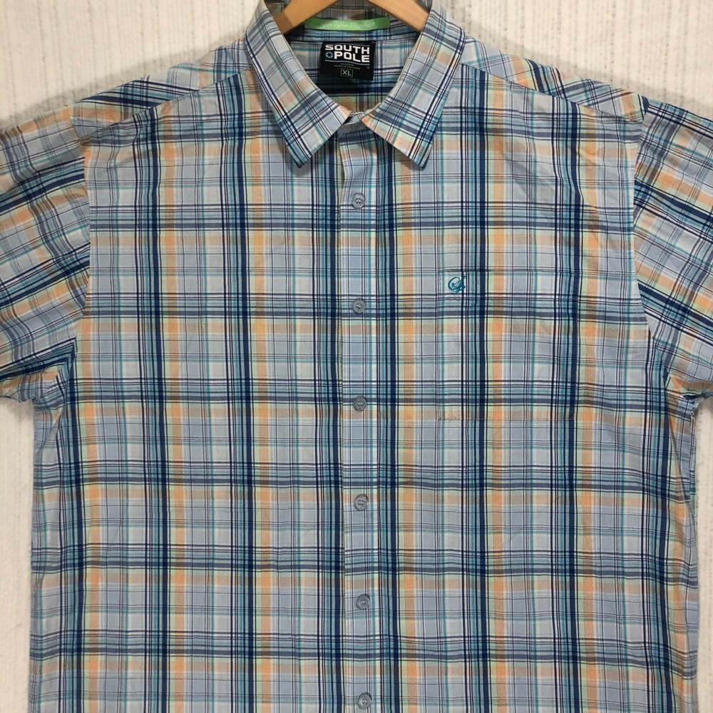 South Pole Plaid Button Up‎ Short Sleeve Casual Shirt Menswear XL